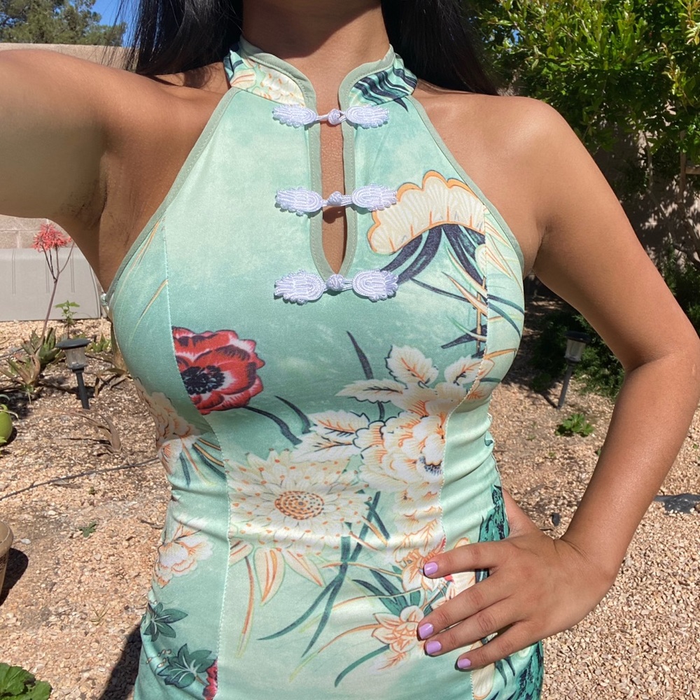 High Neck Chinese Asian Inspired High Slit Dress